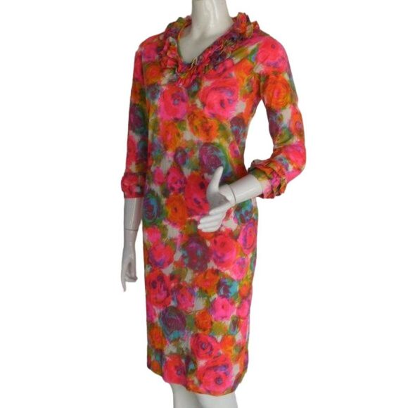 60's Vintage Dress, XS/S, Bright color, Ruffle neck/Cuffs, Abstract Floral - Picture 3 of 10